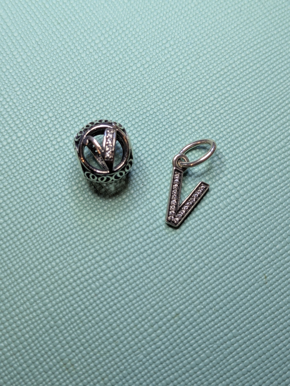 Set Of 2 Pandora Silver Pavé 'V' Letter Charm and Round Bead